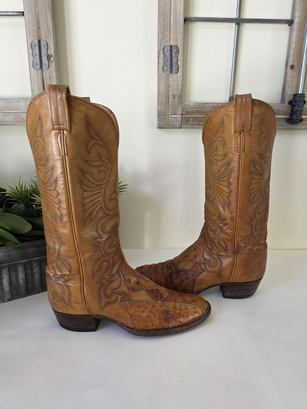 Vintage Ostrich  Leather Western Boots Mens 9.5D Womens 11 USA Made + Buckle - Picture 4 of 16